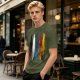 Olive Green T-Shirt With Vertical Colorful Brushstroke Figure Art