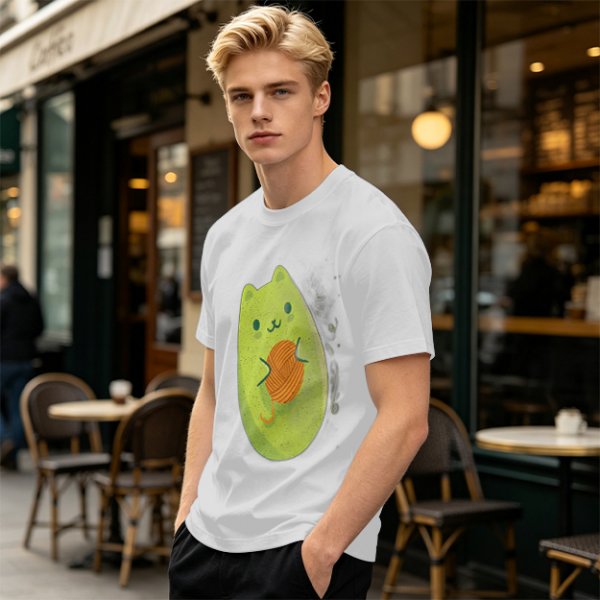 Olive Green T-Shirt With Cute Avocado Cat Holding Yarn Ball Print