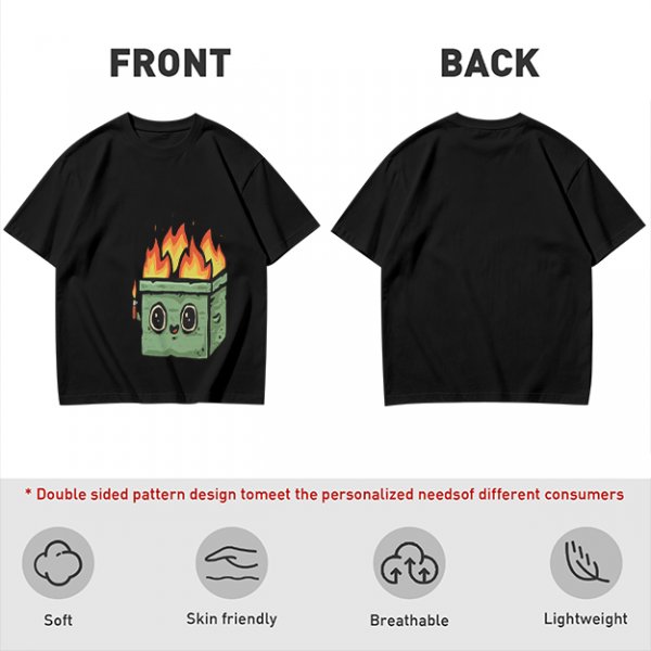 Olive green t-shirt with a cartoon burning box graphic