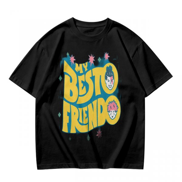 Olive graphic t-shirt with 'MY BESTO FRIENDO' anime character print