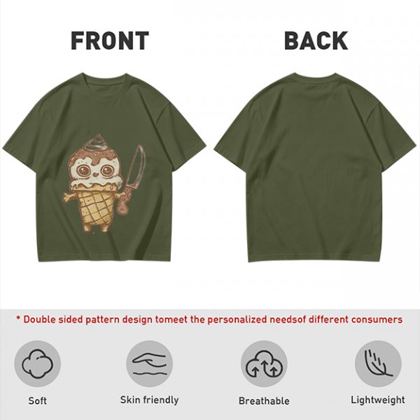 Olive T-Shirt With Cute Ice Cream Cone Holding Knife Print