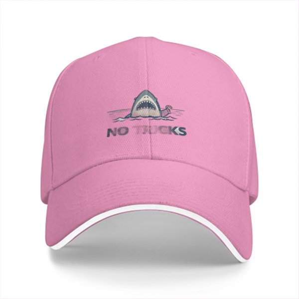 Black baseball cap with shark graphic and 'NO' text print