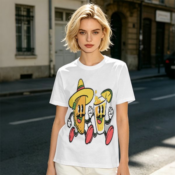 Olive T-Shirt with Cartoon Taco and Beer Graphic