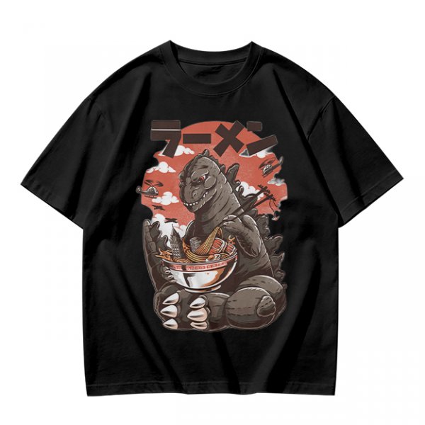 Olive T-shirt with Godzilla eating ramen graphic