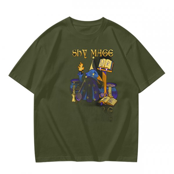 Olive T-Shirt with Shy Mage Wizard and Magical Artwork Print