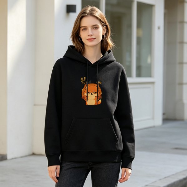 Black hoodie with sarcastic fox hug graphic print