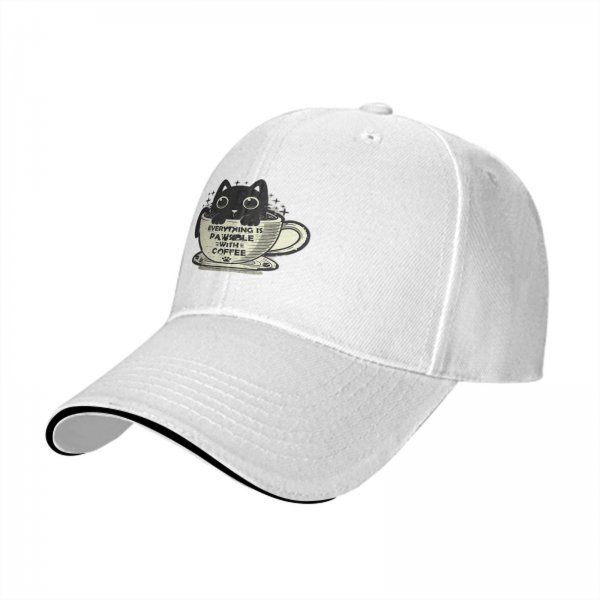 Black Baseball Cap With Cat In Coffee Cup 'Everything Is Pawsible With Coffee' Print