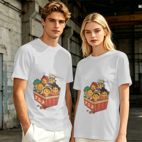 Olive T-shirt with Chibi Anime Characters in Takeout Box