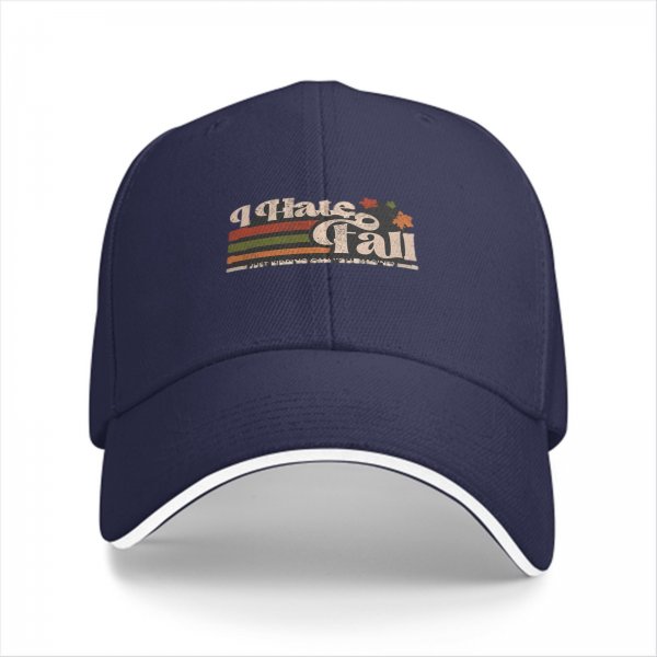 Black baseball cap with 'I Hate Fall' retro graphic print