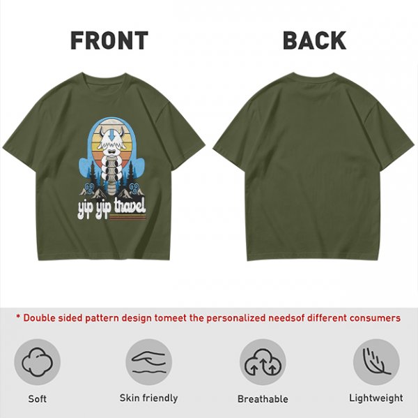 Olive green t-shirt with Appa graphic and 'yip yip travel' text