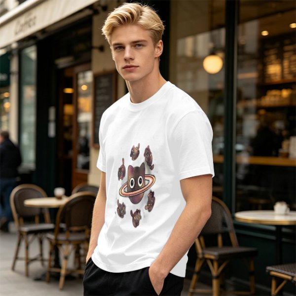 Olive T-Shirt With Saturn Cat And Kittens Space Print