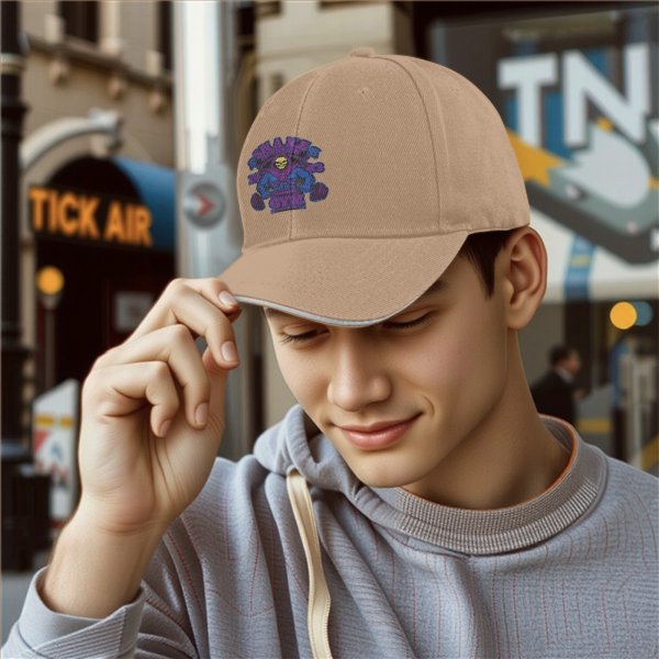 Black baseball cap with Skeletor Snake Mountain Gym graphic