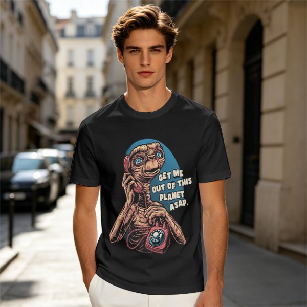 Olive t-shirt with E.T. 'Get Me Out Of This Planet ASAP' print