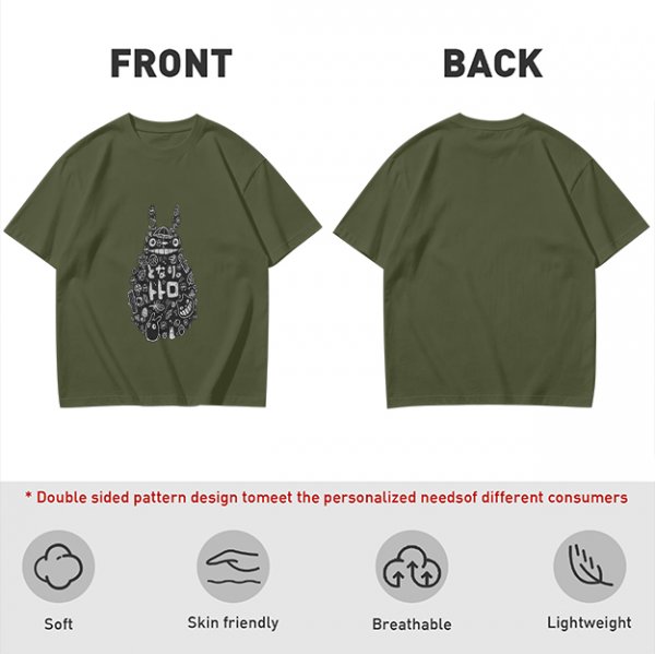 Olive T-shirt with Totoro Doodle Art Print
