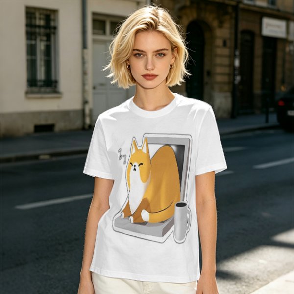 Olive T-Shirt with a Sleeping Cat on a Laptop Print