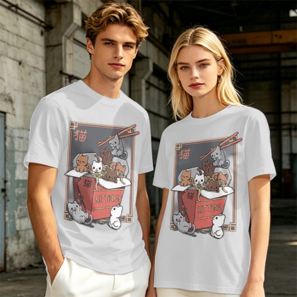 Olive t-shirt with playful kittens in takeout noodle box graphic