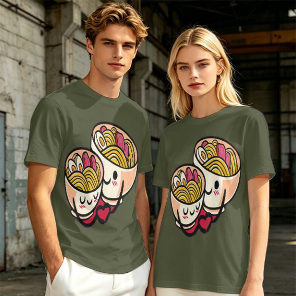 Olive T-Shirt With Cute Hugging Ramen Bowl Couple Print