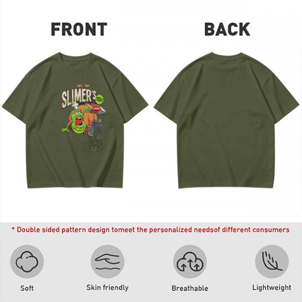 Olive green t-shirt with Slimer's Ghostbusters themed graphic print
