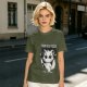 Olive graphic t-shirt with angry cartoon cat holding knife