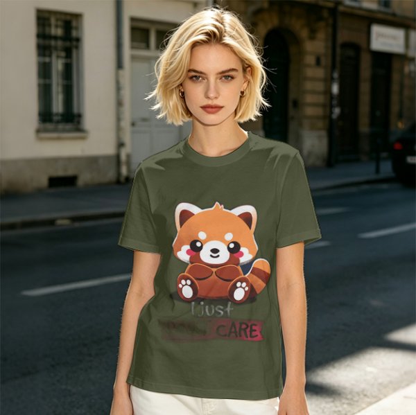 Olive T-Shirt with Cute Red Panda and I Just Don't Care Print