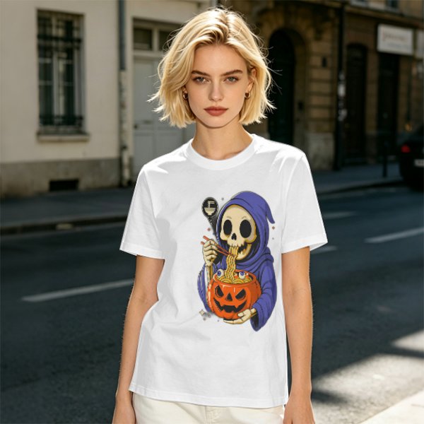 Grim Reaper Eating Ramen from Jack-o'-lantern Pumpkin Bowl T-Shirt