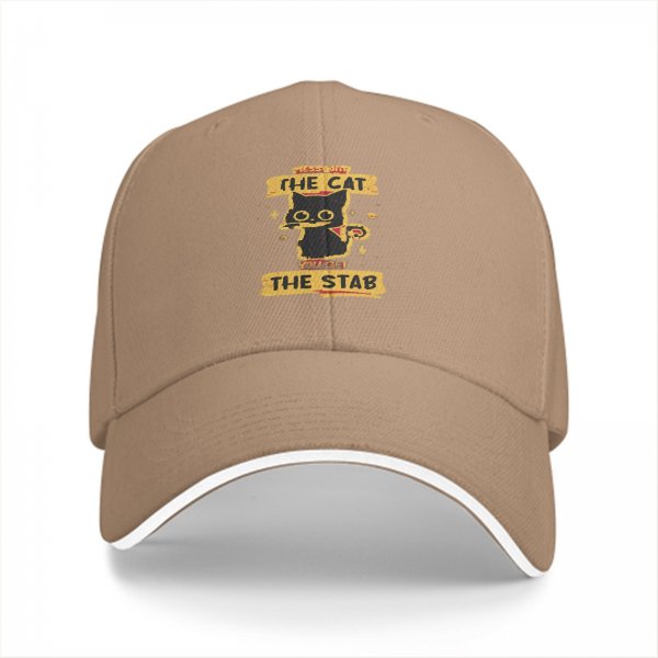 Black baseball cap with 'The Cat You Get The Stab' graphic print