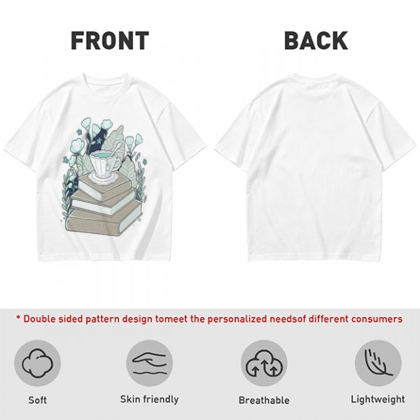 Olive T-Shirt With Stacked Books Teacup Floral Print