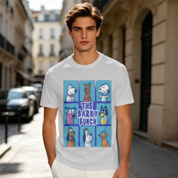 Olive green t-shirt with The Barky Bunch cartoon dog graphic
