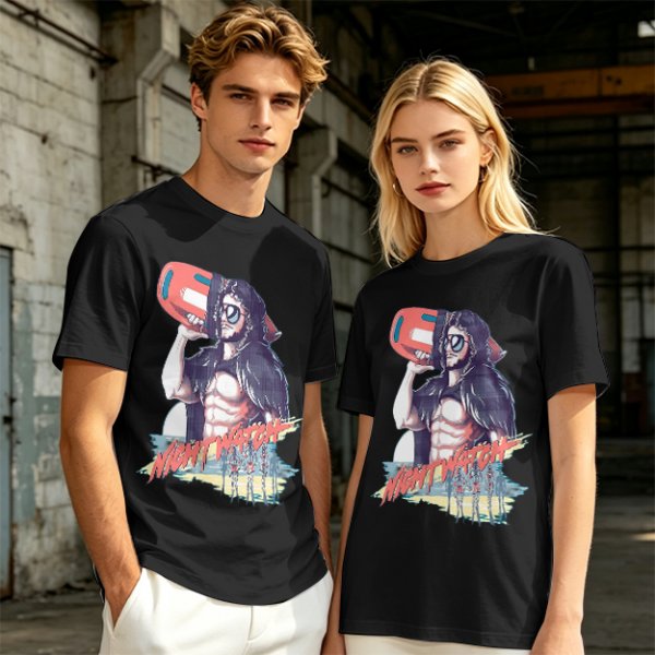 Olive Graphic T-Shirt with Muscular Figure Holding Red Device and Night Watch Text