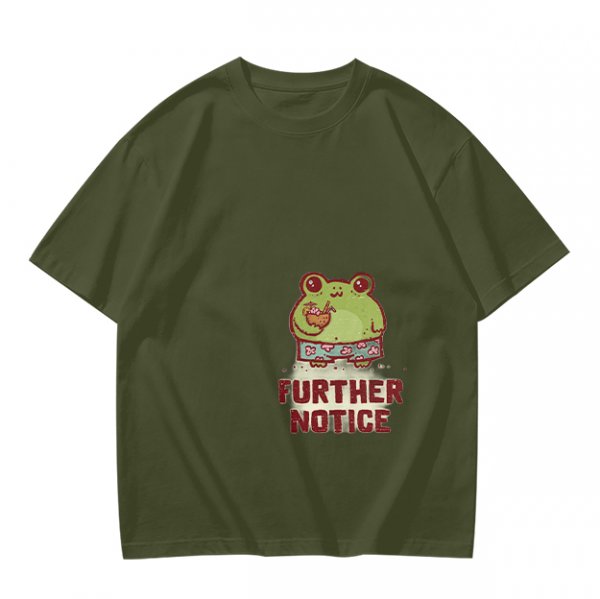 Olive T-Shirt with Cute Frog Graphic and Further Notice Text