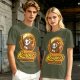 Olive green graphic t-shirt with cute reaper coffee themed print