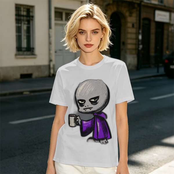 Olive T-Shirt With Grumpy Vampire Holding Coffee Mug Print