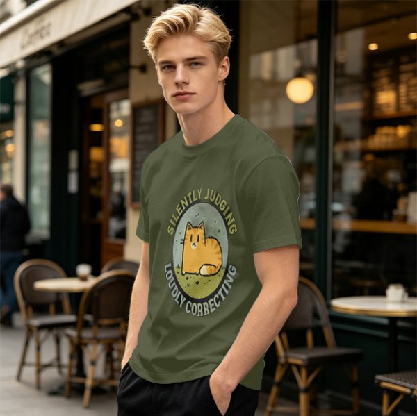 Olive T-Shirt With Silently Judging Loudly Correcting Cat Print