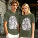 Olive graphic t-shirt with raccoon eating and 'Stop eating TRASH' print
