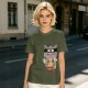 Olive green t-shirt with a ninja cat eating ramen graphic