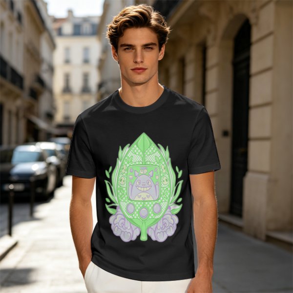 Olive Green T-Shirt With Leaf Shaped Tamagotchi Totoro Print