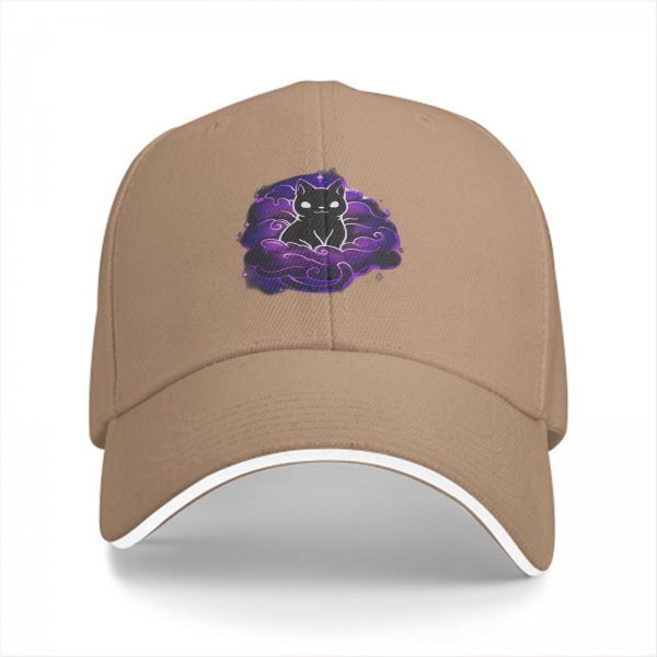 Black Baseball Cap With Purple Galaxy Cloud And Black Cat Print