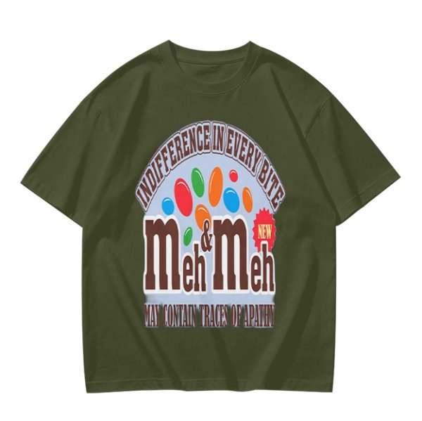 Meh and Meh novelty graphic t-shirt with indifference themed print