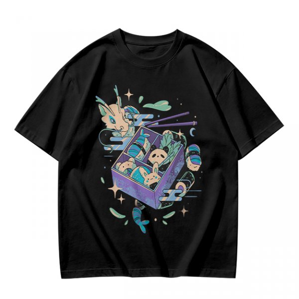 Olive t-shirt with whimsical bento box animal graphic print