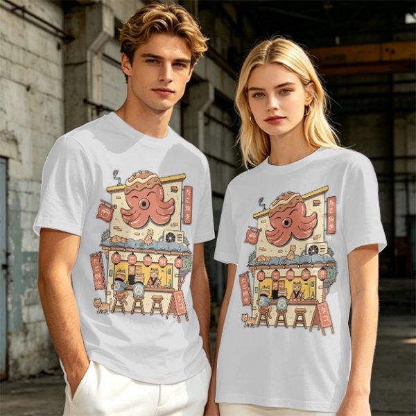Olive T-Shirt with Octopus Takoyaki Shop Cat Art Print