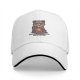 Black baseball cap with cute raccoon snacking and 'powered by pure snacks' text