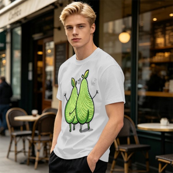 Olive Green T-Shirt With Two Cartoon Pears In Love Graphic