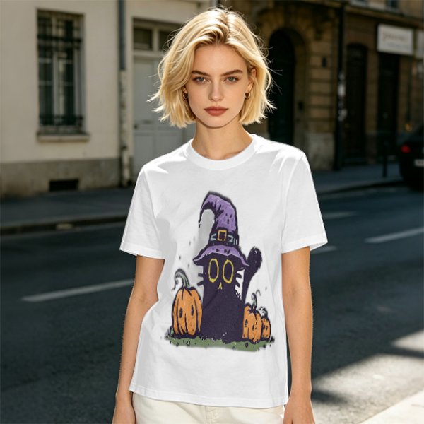 Olive Halloween T-Shirt with Black Cat Witch and Pumpkins