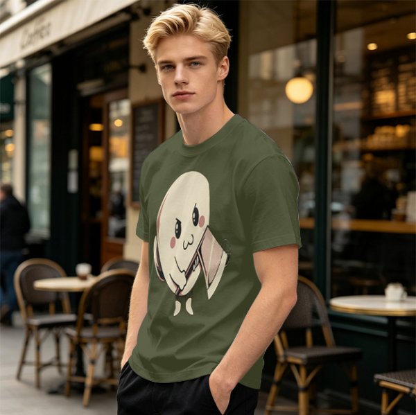 Olive T-Shirt With Cute Angry Ghost Holding Axe Graphic