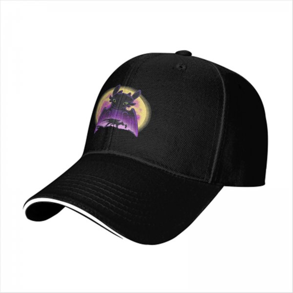 Black baseball cap with Toothless dragon and moon graphic