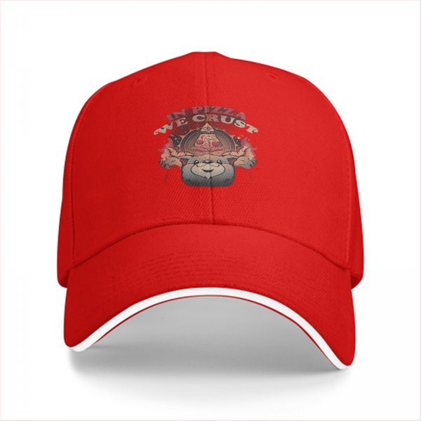 Black baseball cap with 'In Pizza We Crust' graphic print