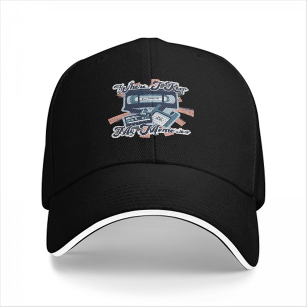 Black baseball cap with retro 90s media graphic print