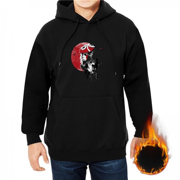 Black Hoodie with Red Moon and Samurai Warrior Graphic Print