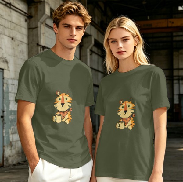 Olive Green T-Shirt with Cute Tiger Holding Coffee Mug Print
