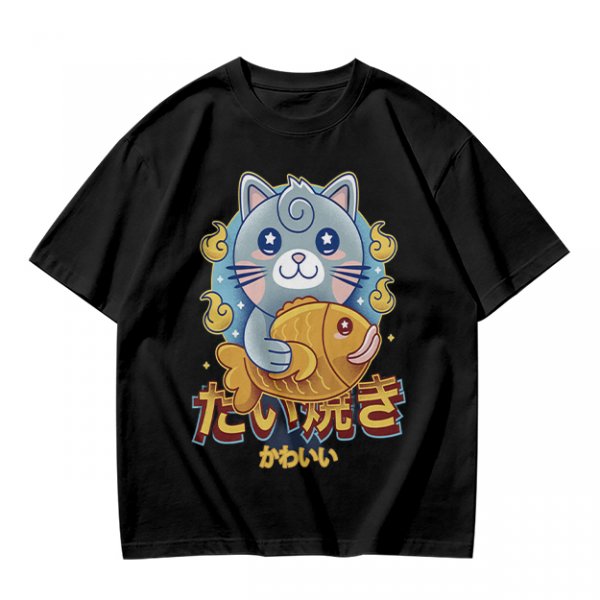 Olive green t-shirt with cute gray cat holding taiyaki graphic